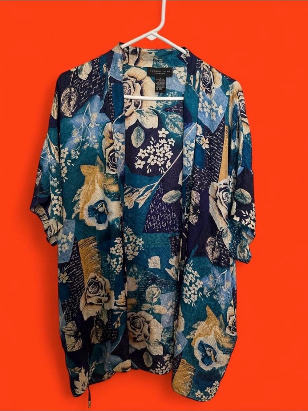 Vintage August Silk blue boho floral 100% silk robe